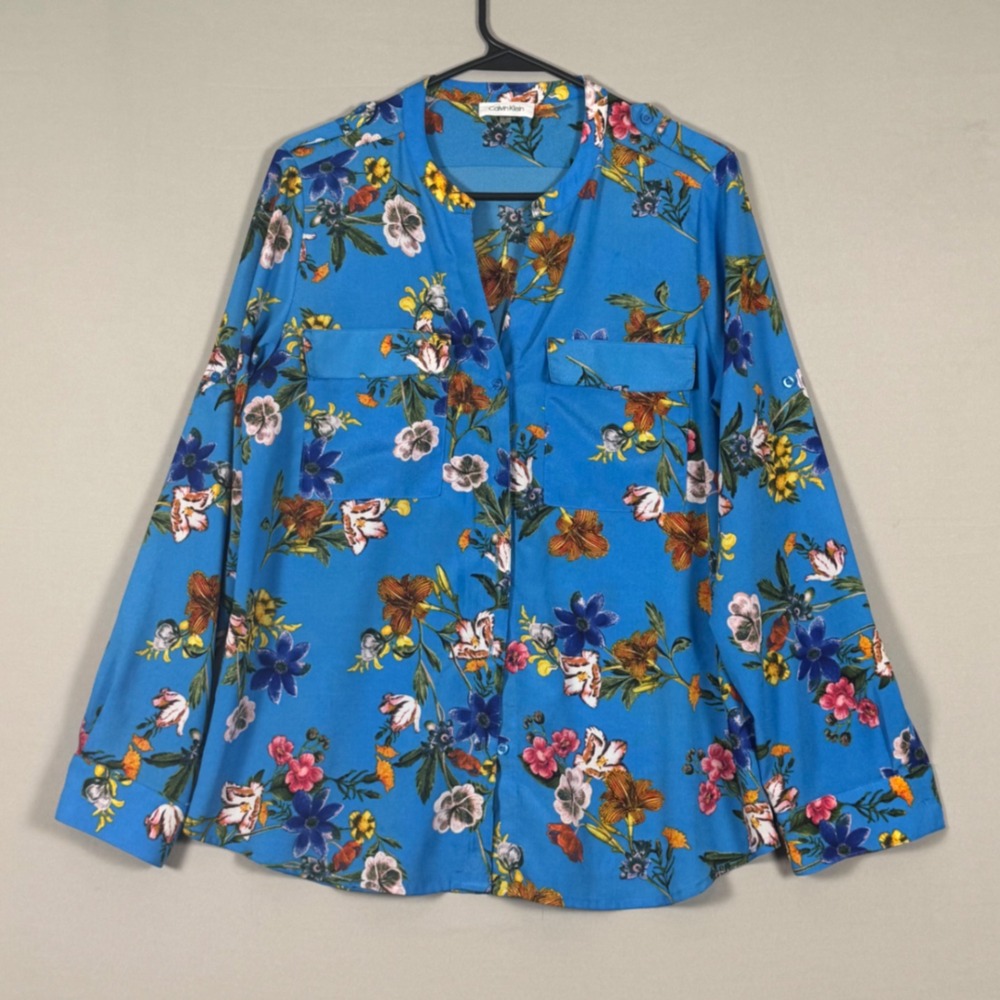 Calvin Klein Floral Button Up Blouse Womens Large Blue New No Tags M9EA9547